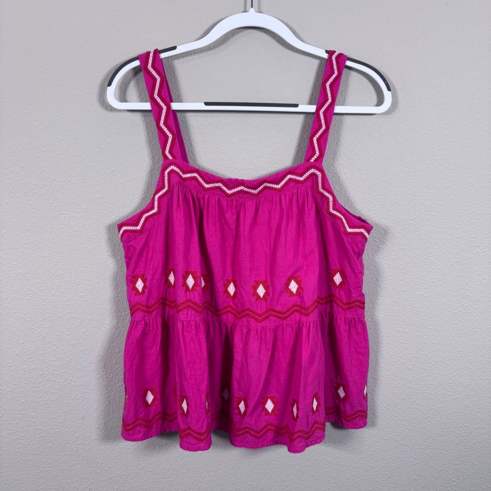 LOFT Pink Embroidered Linen Tiered Peplum Tank Top Peasant Coastal Boho Large